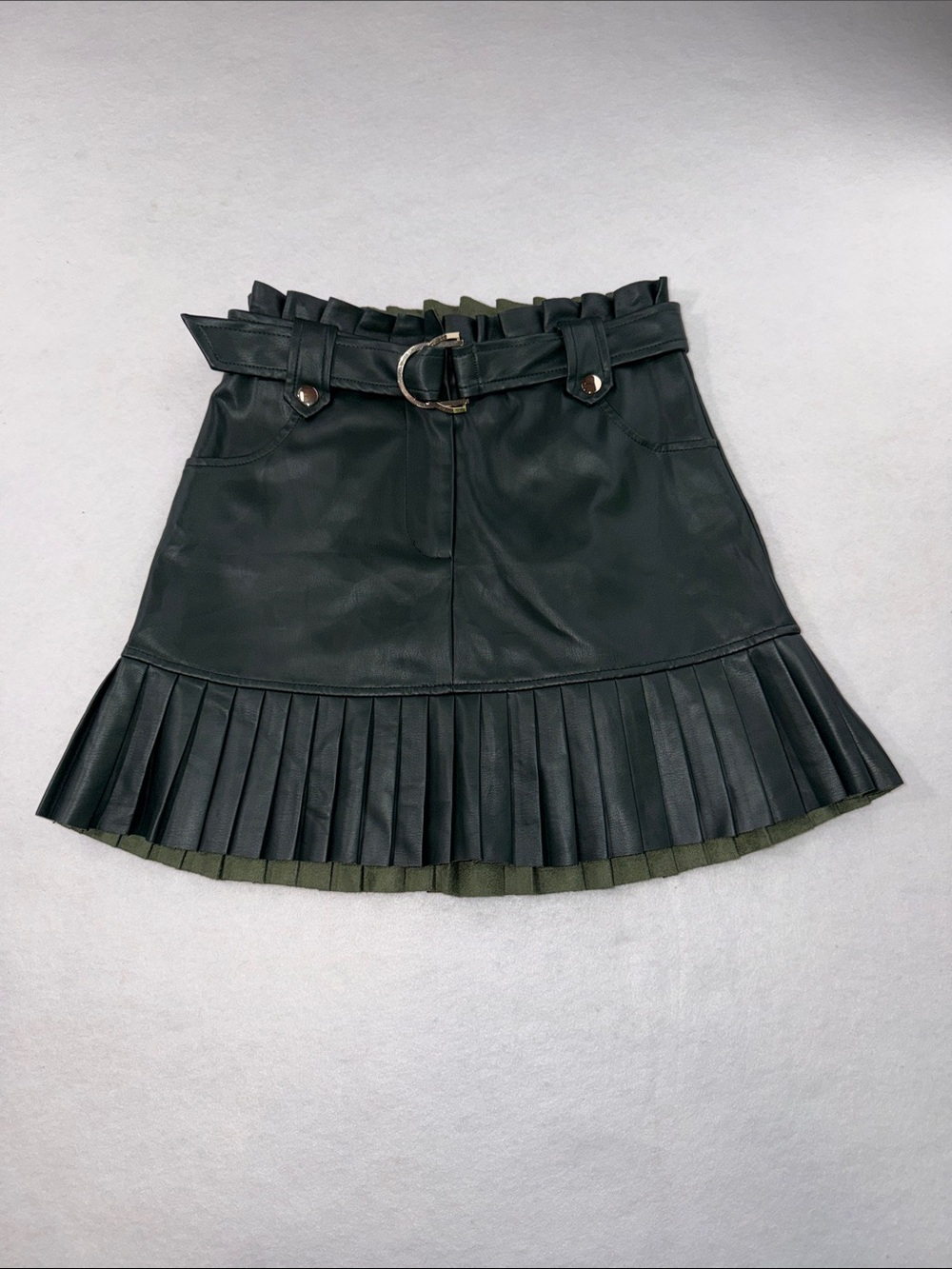 Zara Green Pleated Faux-Leather Mini Skirt with Belt